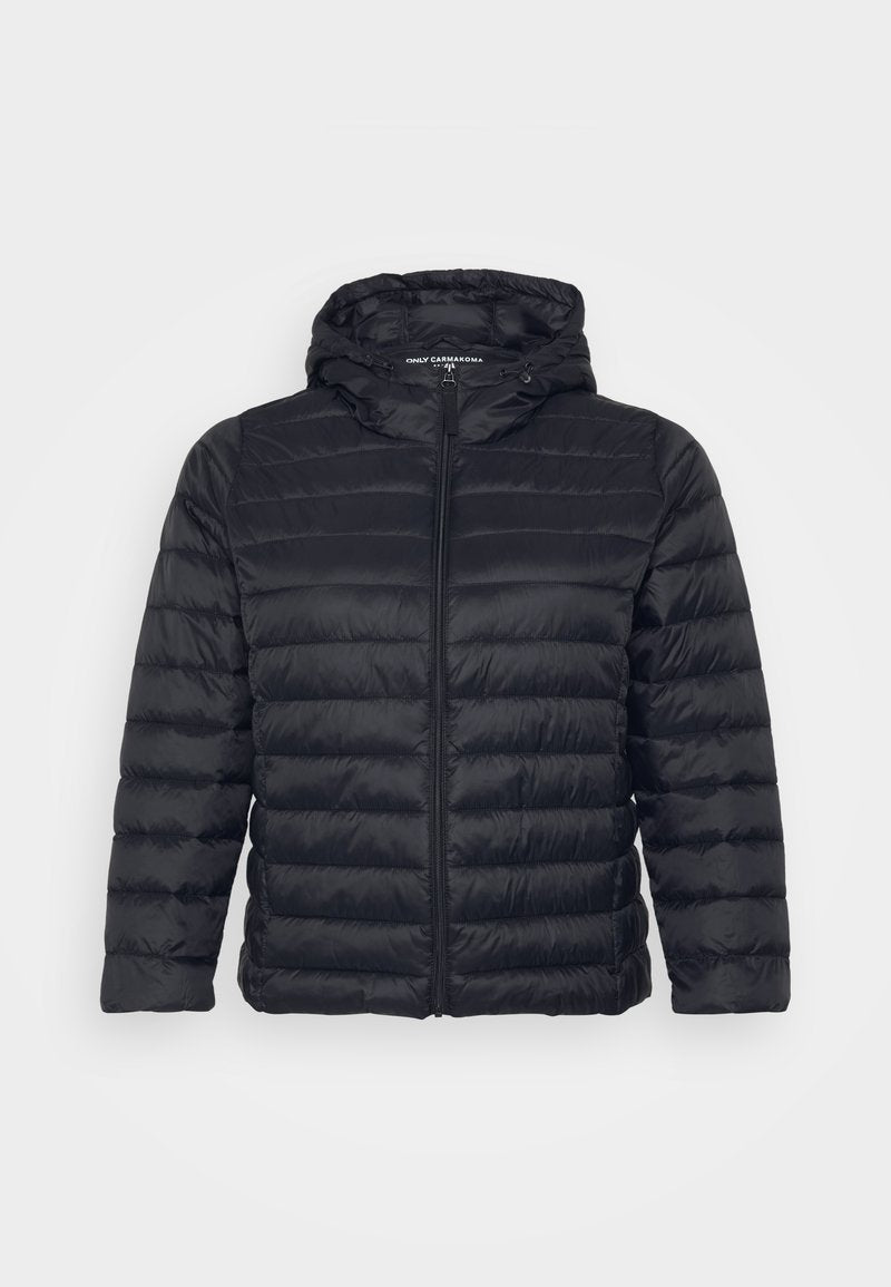 Schwarze Daunenjacke mit Kapuze, ausgestattet mit einem Reißverschluss, gestepptem Design und elastischen Bündchen. Hergestellt aus leichtem, glattem Material.