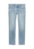 Helle blaue Denim-Jeans mit geradem Bein, vorderen Taschen und einem leichten Farbverlauf. Mit Knopf- und Reißverschluss.