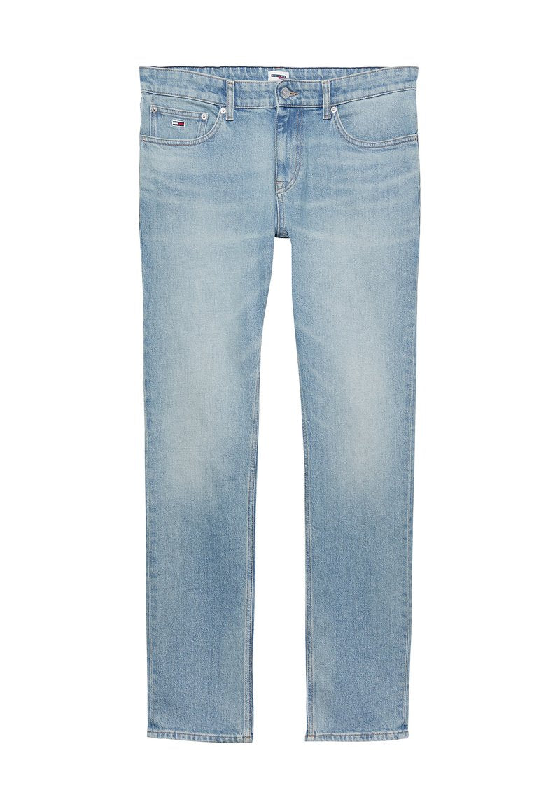 Helle blaue Denim-Jeans mit geradem Bein, vorderen Taschen und einem leichten Farbverlauf. Mit Knopf- und Reißverschluss.