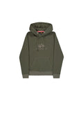 Olivgrüner Hoodie mit einer vorderen Kängurutasche, Kapuze mit Kordelzug und einem subtilen Grafikdesign auf der Brust in kontrastierender Farbe.