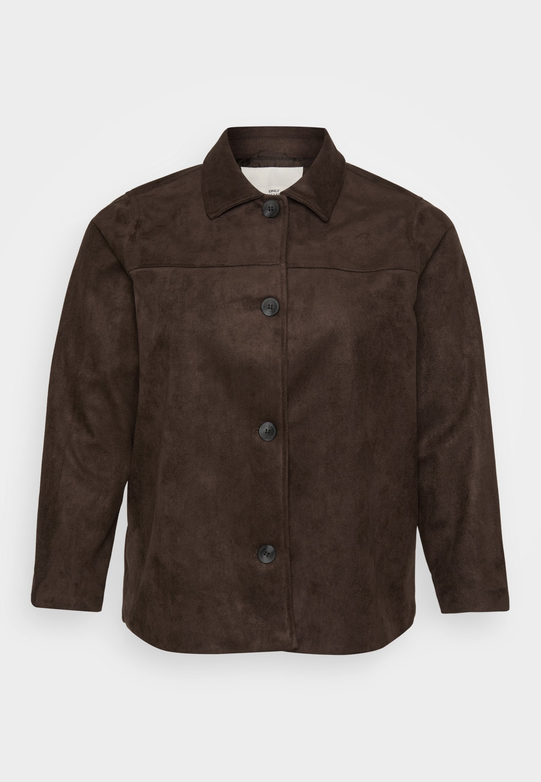 Braune Wildlederjacke mit einem Kragen, fünf schwarzen Knöpfen auf der Vorderseite und langen Ärmeln. Glatte Textur und maßgeschneiderte Passform.