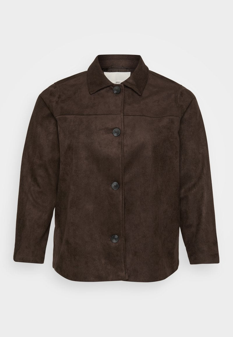 Braune Wildlederjacke mit einem Kragen, fünf schwarzen Knöpfen auf der Vorderseite und langen Ärmeln. Glatte Textur und maßgeschneiderte Passform.