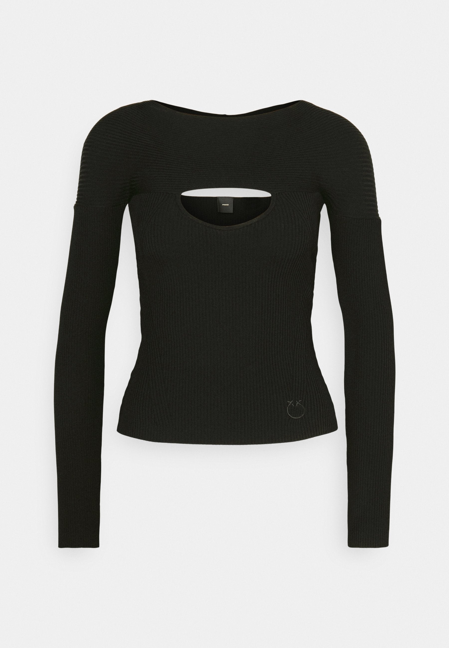 Schwarzes Langarmshirt aus geripptem Stoff, mit einem Ausschnitt am Brustbereich und einer figurbetonten Silhouette. Subtle Logo-Akzent am Saum.