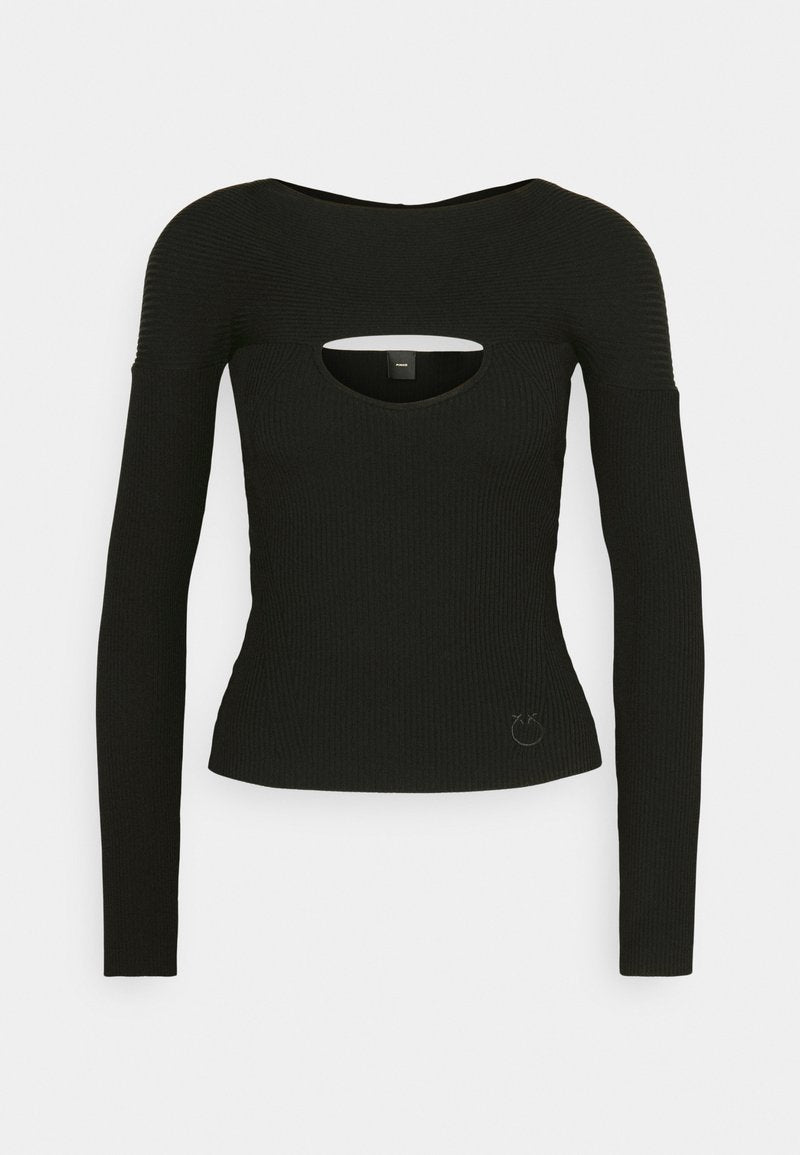 Schwarzes Langarmshirt aus geripptem Stoff, mit einem Ausschnitt am Brustbereich und einer figurbetonten Silhouette. Subtle Logo-Akzent am Saum.