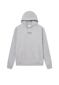 Grauer Baumwoll-Hoodie mit einer Kapuze mit Kordelzug, Fronttasche und bedrucktem Logo-Text. Verfügt über gerippte Bündchen und Saum, mit einer weichen Textur.