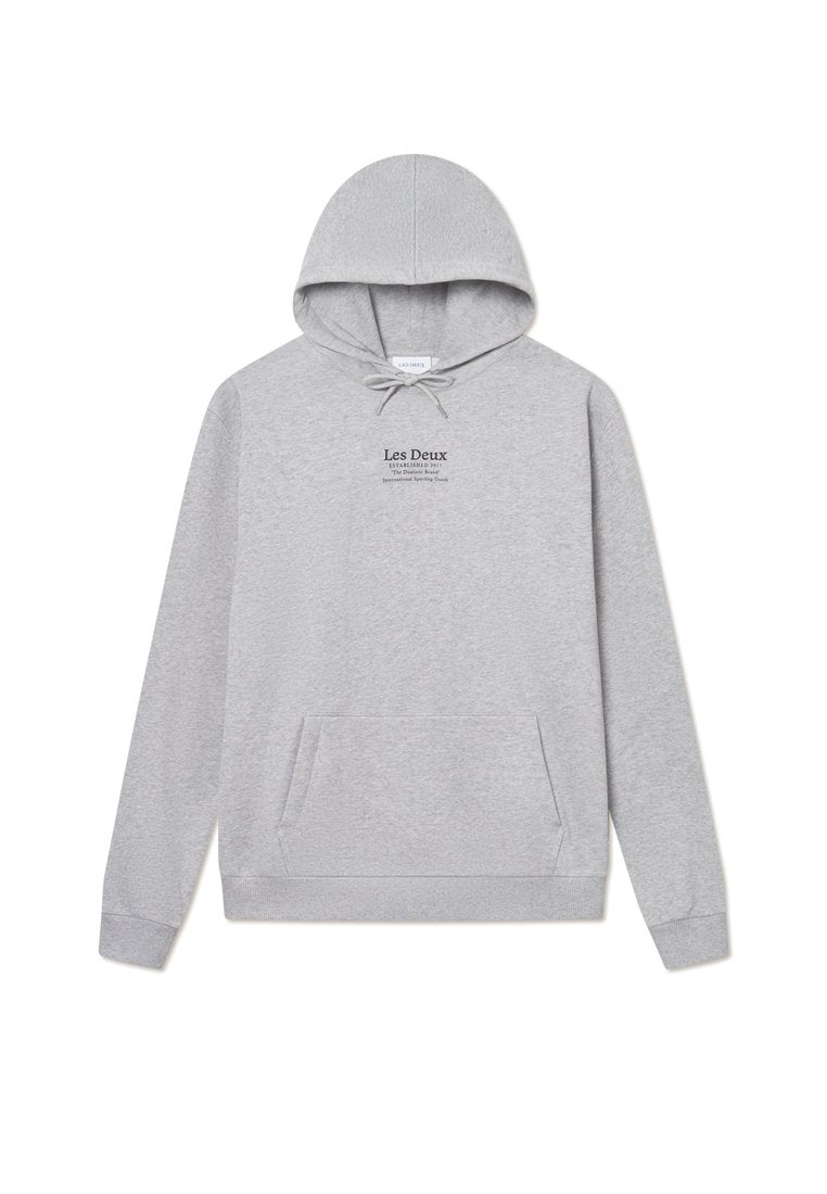 Grauer Baumwoll-Hoodie mit einer Kapuze mit Kordelzug, Fronttasche und bedrucktem Logo-Text. Verfügt über gerippte Bündchen und Saum, mit einer weichen Textur.