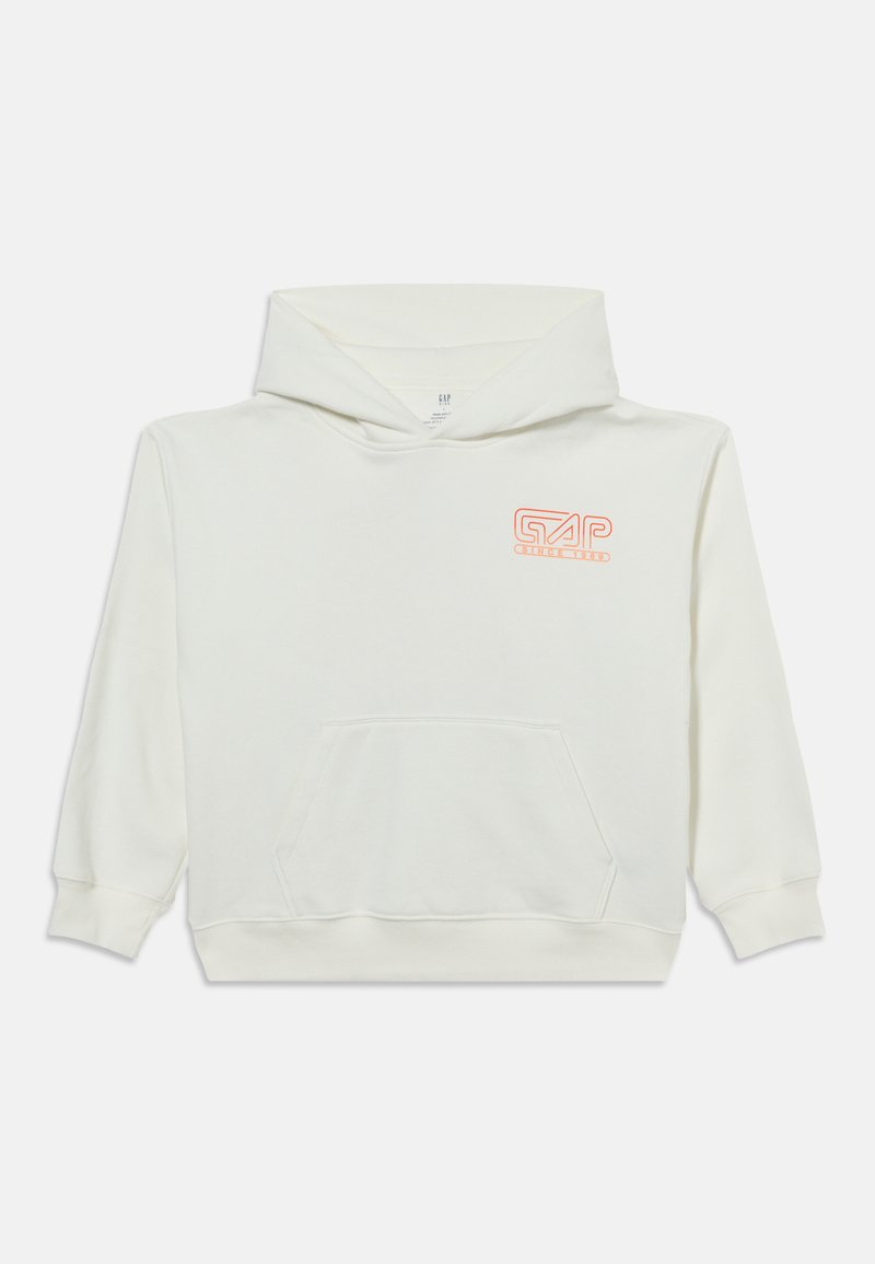 Weißer Kapuzenpullover mit vorderer Kängurutasche und kleinem orangefarbenem GAP-Logo auf der linken Brust, lange Ärmel mit gerippten Bündchen.