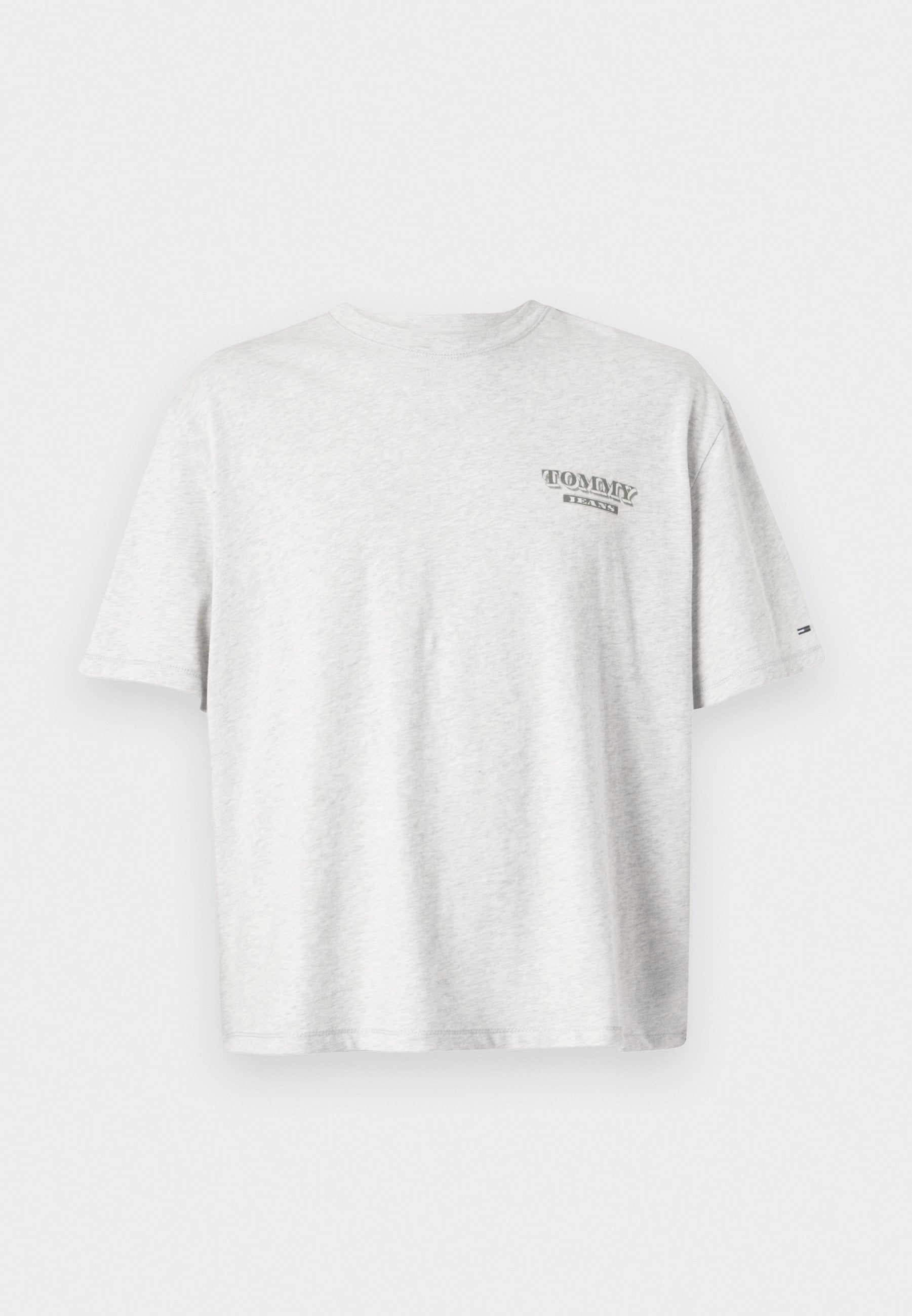 Graues kurzärmliges T-Shirt aus Baumwolle mit einem kleinen bedruckten Logo auf der linken Brust. Gerader Saum und Rundhalsausschnitt.