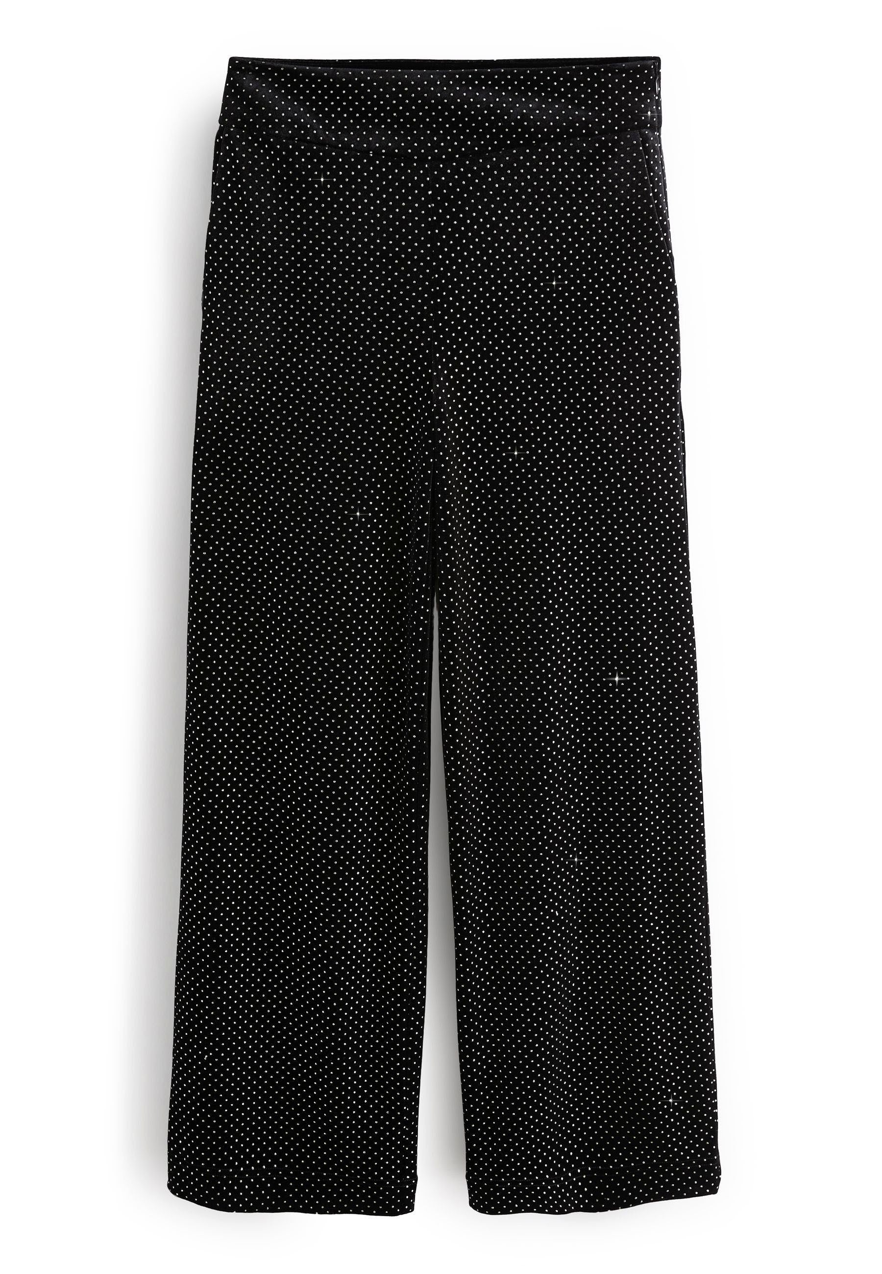 Schwarze weit geschnittene Hose mit weißen Punkten, mit einem dehnbaren Bund für zusätzlichen Komfort. Weicher Stoff und lockere Passform.