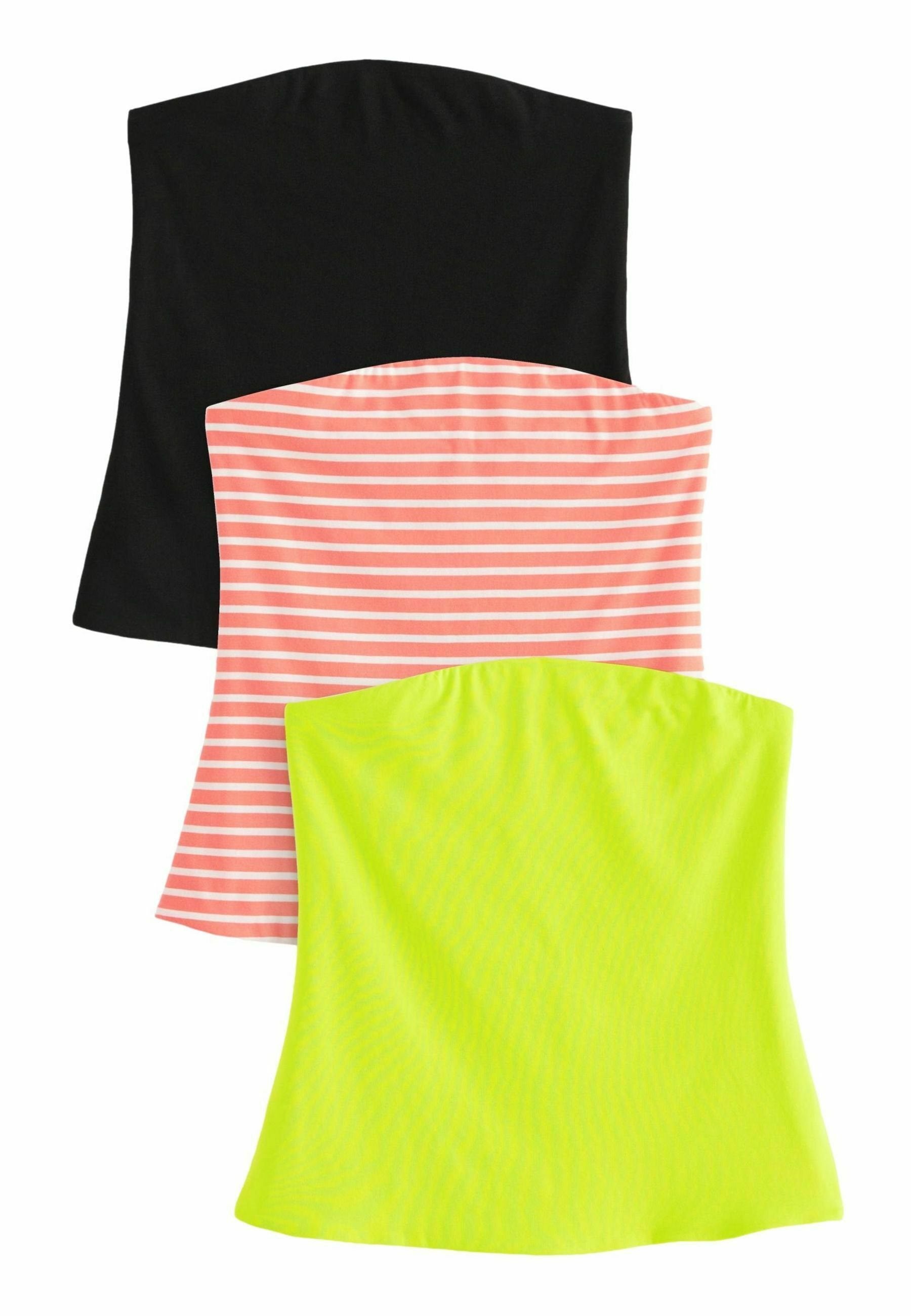 Drei Bandeau-Tops: eines in schlichtem Schwarz, eines in Pink mit weißen Streifen und eines in knalligem Neon-Grün. Alle verfügen über einen elastischen Stoff und eine glatte Textur.