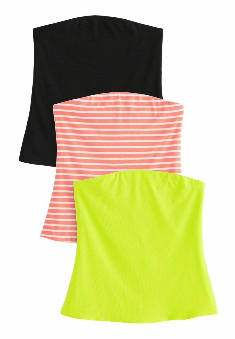 Drei Bandeau-Tops: eines in schlichtem Schwarz, eines in Pink mit weißen Streifen und eines in knalligem Neon-Grün. Alle verfügen über einen elastischen Stoff und eine glatte Textur.