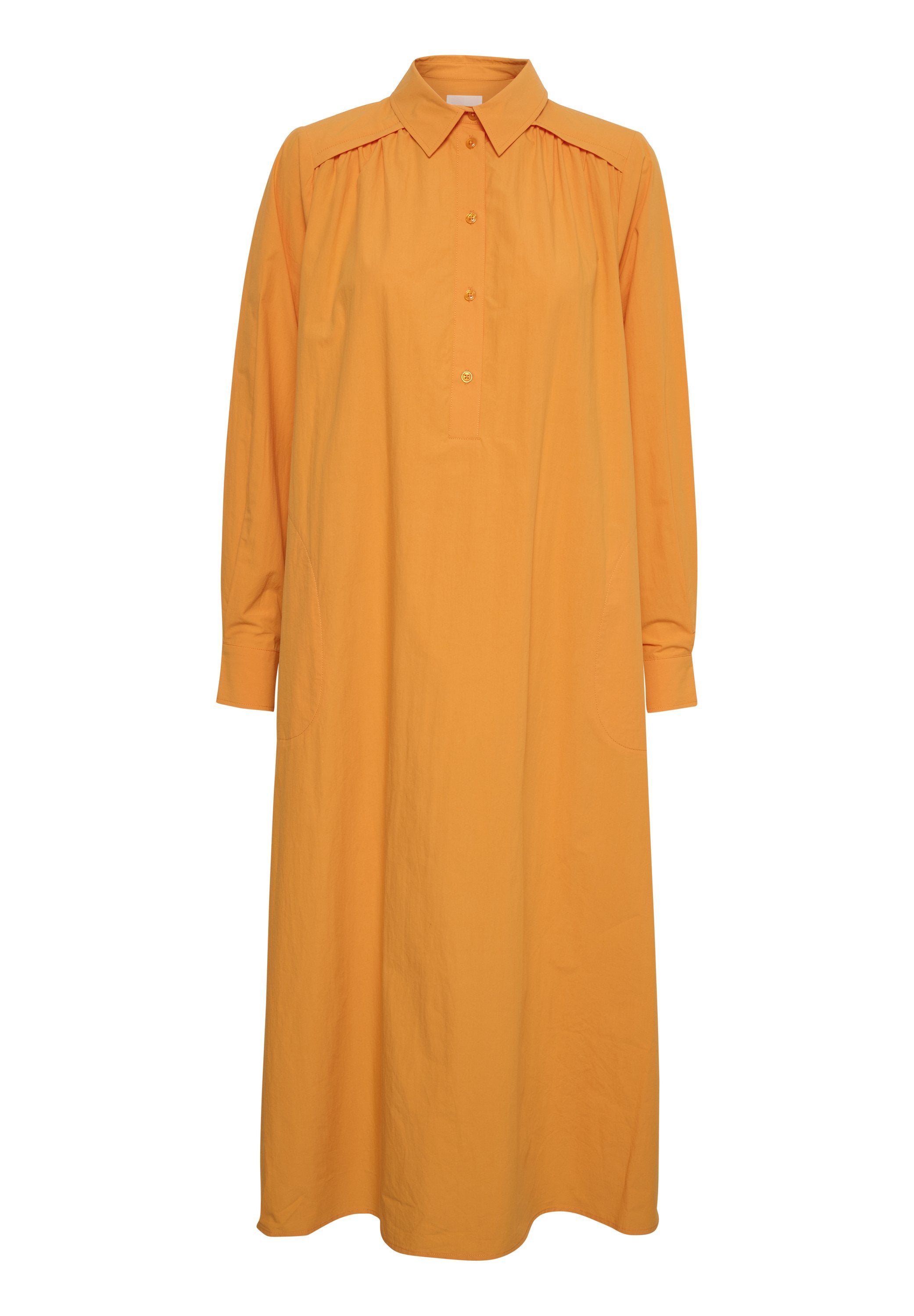 Oranges Langarmhemdkleid aus Baumwolle, mit Kragen, Knopfleiste, Seitentaschen und einer lockeren, geraden Passform.