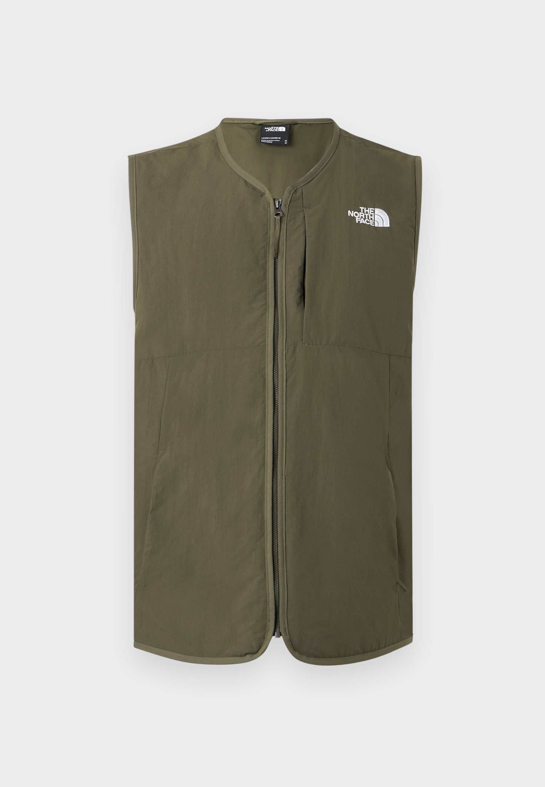 Ärmellose olivgrüne Weste mit Reißverschluss, rundem Kragen und weißem The North Face-Logo auf der oberen linken Brustseite.