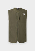 Ärmellose olivgrüne Weste mit Reißverschluss, rundem Kragen und weißem The North Face-Logo auf der oberen linken Brustseite.