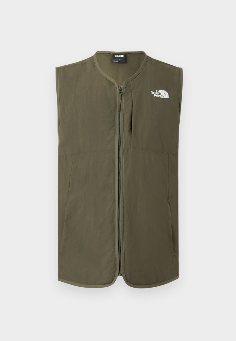 Ärmellose olivgrüne Weste mit Reißverschluss, rundem Kragen und weißem The North Face-Logo auf der oberen linken Brustseite.