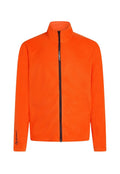 Orangene Fleecejacke mit hohem Kragen und durchgehendem Reißverschluss, ausgestattet mit einem schwarzen Reißverschluss und Logo auf den Ärmeln, zeigt eine glatte Textur.