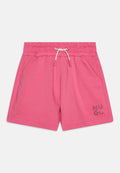 Rosa Baumwollshorts mit elastischem Bündchen, Kordelzug und zwei Seitentaschen. Verfügt über ein dekoratives Logo mit Strasssteinen auf der Vorderseite.