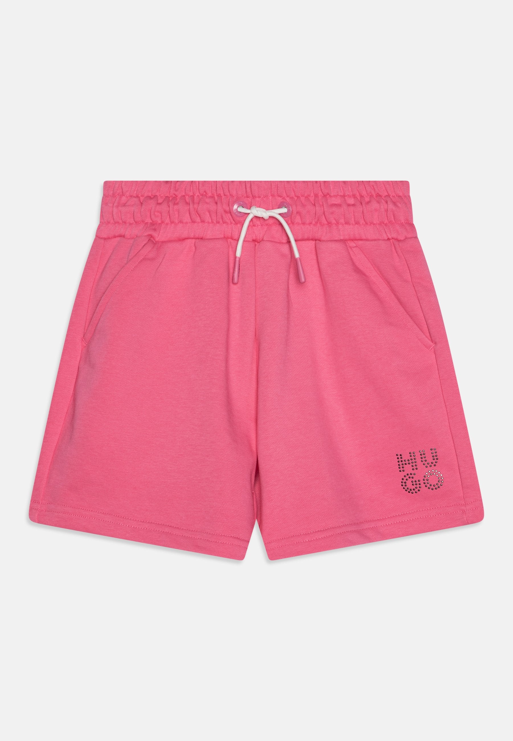 Rosa Baumwollshorts mit elastischem Bündchen, Kordelzug und zwei Seitentaschen. Verfügt über ein dekoratives Logo mit Strasssteinen auf der Vorderseite.