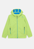 Limonengrüne Jacke mit einer blau gefütterten Kapuze, Frontreißverschluss und zwei seitlichen Reißverschlusstaschen. Enthält das CMP-Logo in Blau auf der Brust.