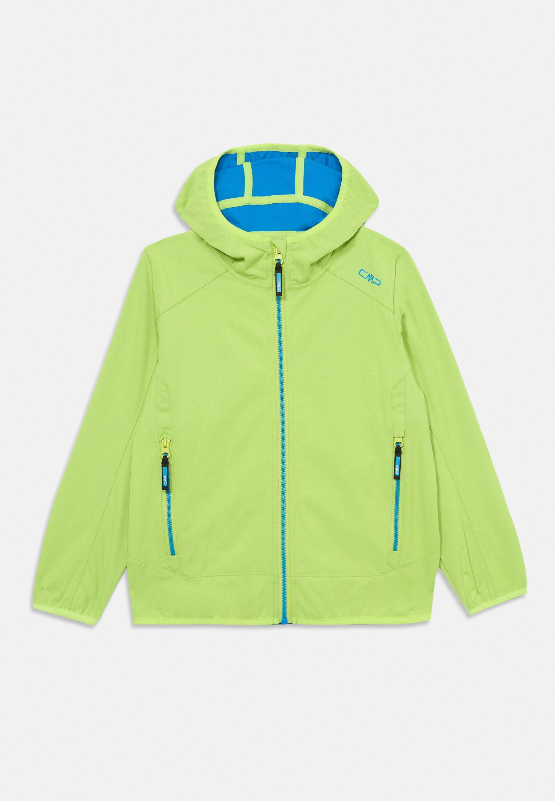 Limonengrüne Jacke mit einer blau gefütterten Kapuze, Frontreißverschluss und zwei seitlichen Reißverschlusstaschen. Enthält das CMP-Logo in Blau auf der Brust.