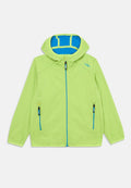 Limonengrüne Jacke mit einer blau gefütterten Kapuze, Frontreißverschluss und zwei seitlichen Reißverschlusstaschen. Enthält das CMP-Logo in Blau auf der Brust.