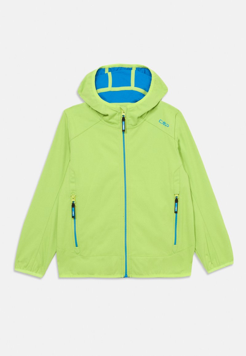 Limonengrüne Jacke mit einer blau gefütterten Kapuze, Frontreißverschluss und zwei seitlichen Reißverschlusstaschen. Enthält das CMP-Logo in Blau auf der Brust.