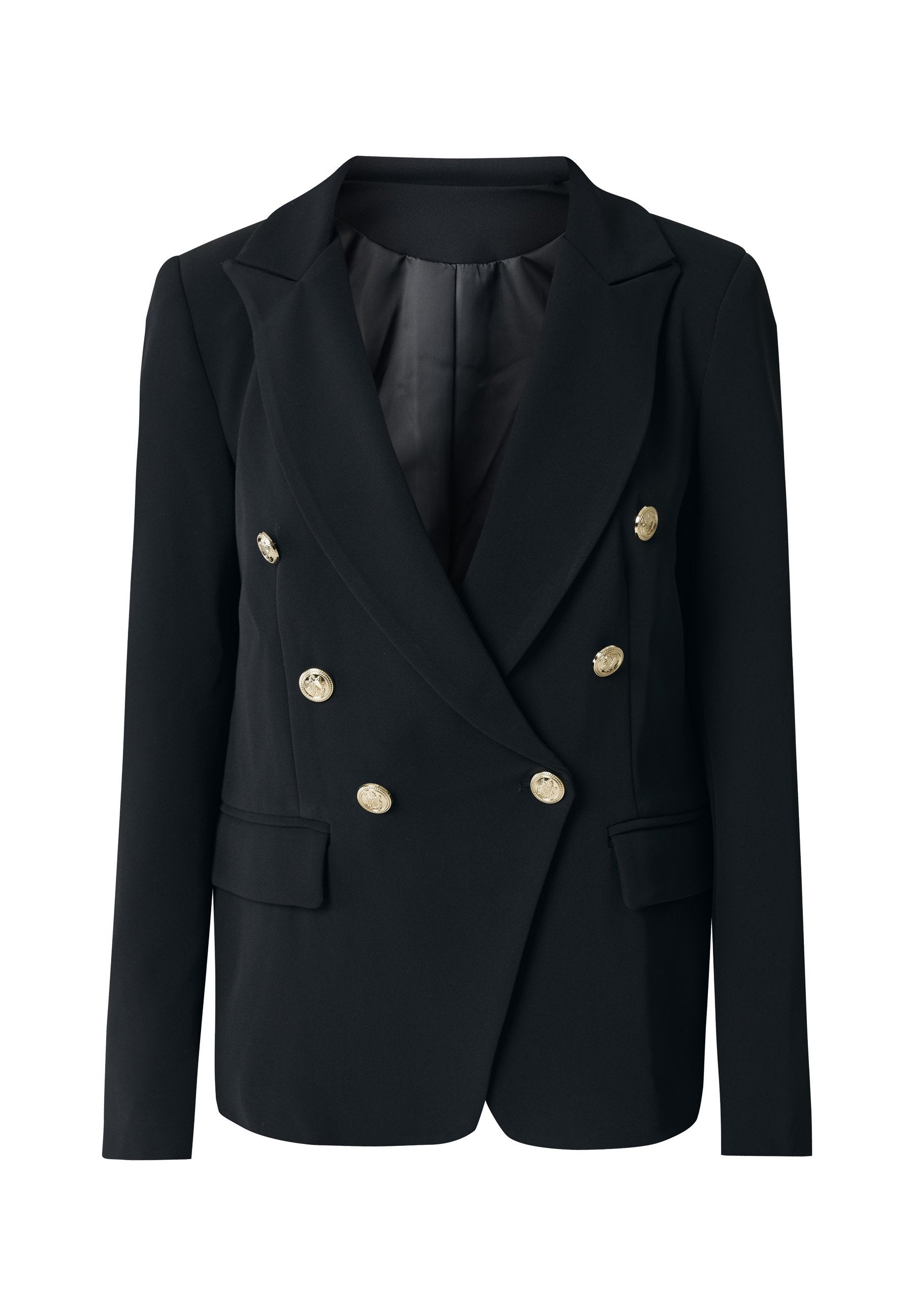 Schwarze, doppelt geknöpfte Blazer aus glattem Stoff, ausgestattet mit goldenen Knöpfen und zwei Fronttaschen, mit einem taillierten Design und Schößchen.
