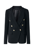 Schwarze, doppelt geknöpfte Blazer aus glattem Stoff, ausgestattet mit goldenen Knöpfen und zwei Fronttaschen, mit einem taillierten Design und Schößchen.