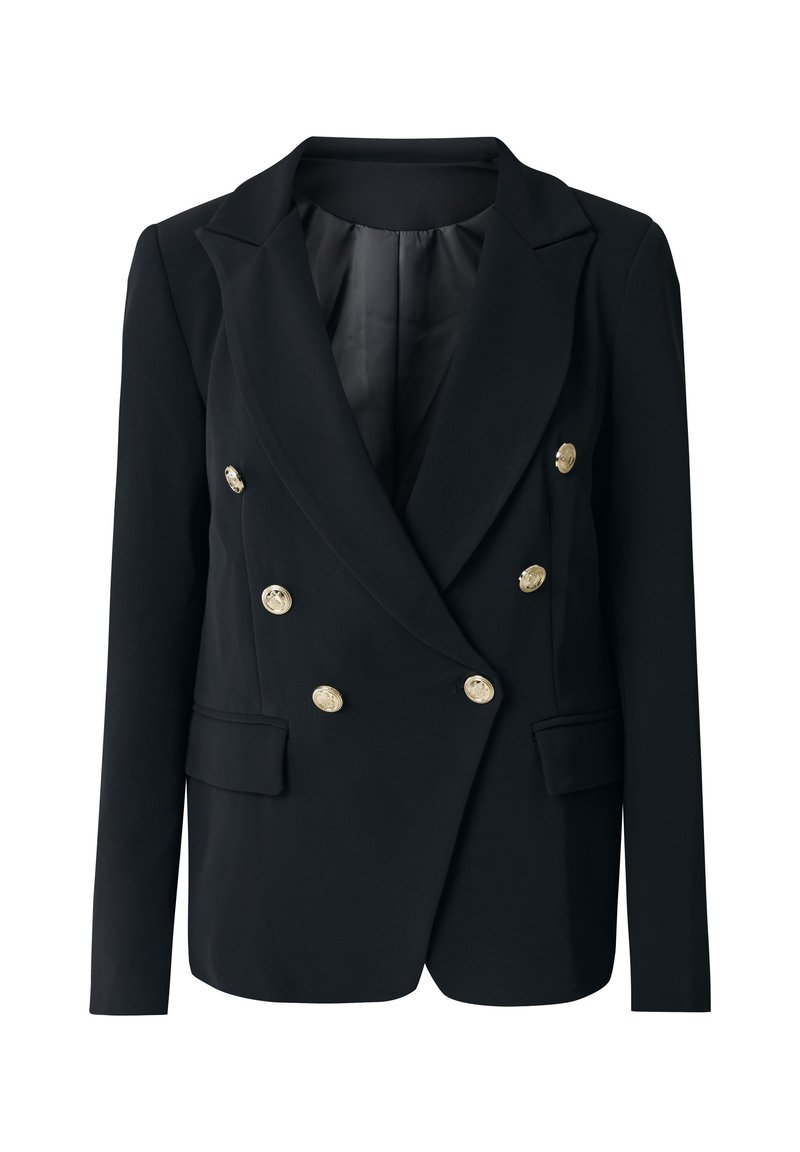 Schwarze, doppelt geknöpfte Blazer aus glattem Stoff, ausgestattet mit goldenen Knöpfen und zwei Fronttaschen, mit einem taillierten Design und Schößchen.
