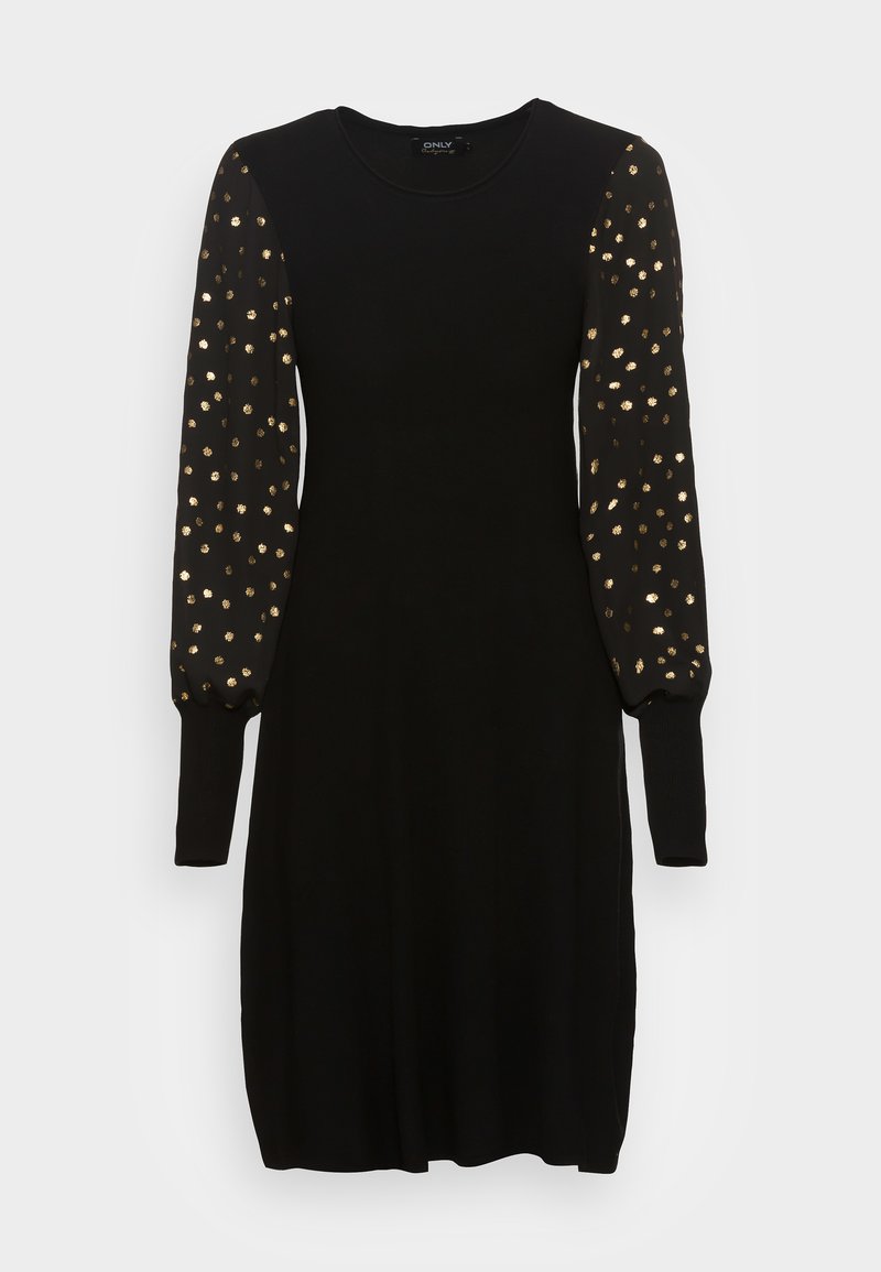 Schwarzes Kleid mit langen Puffärmeln, die mit goldenen Punktmustern verziert sind. Hergestellt aus weichem Stoff, mit rundem Ausschnitt und legerer Passform.