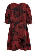 Rotes und schwarzes Blumenkleid mit langen puffigen Ärmeln, Rundhalsausschnitt, elastischem Bund und einem Reißverschluss auf der Rückseite.