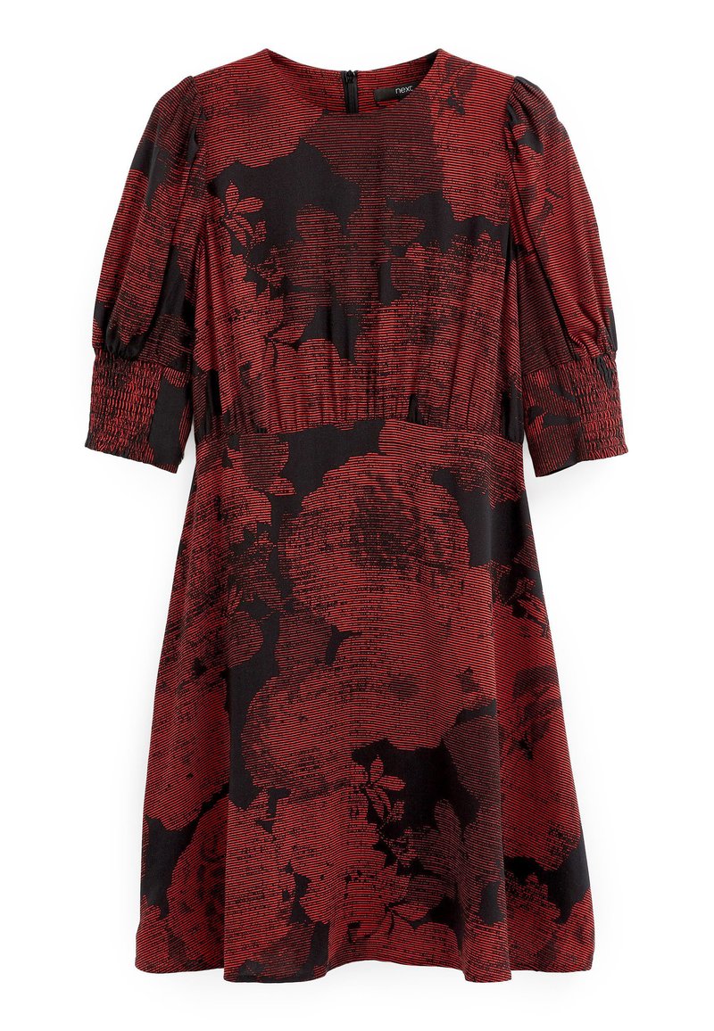 Rotes und schwarzes Blumenkleid mit langen puffigen Ärmeln, Rundhalsausschnitt, elastischem Bund und einem Reißverschluss auf der Rückseite.