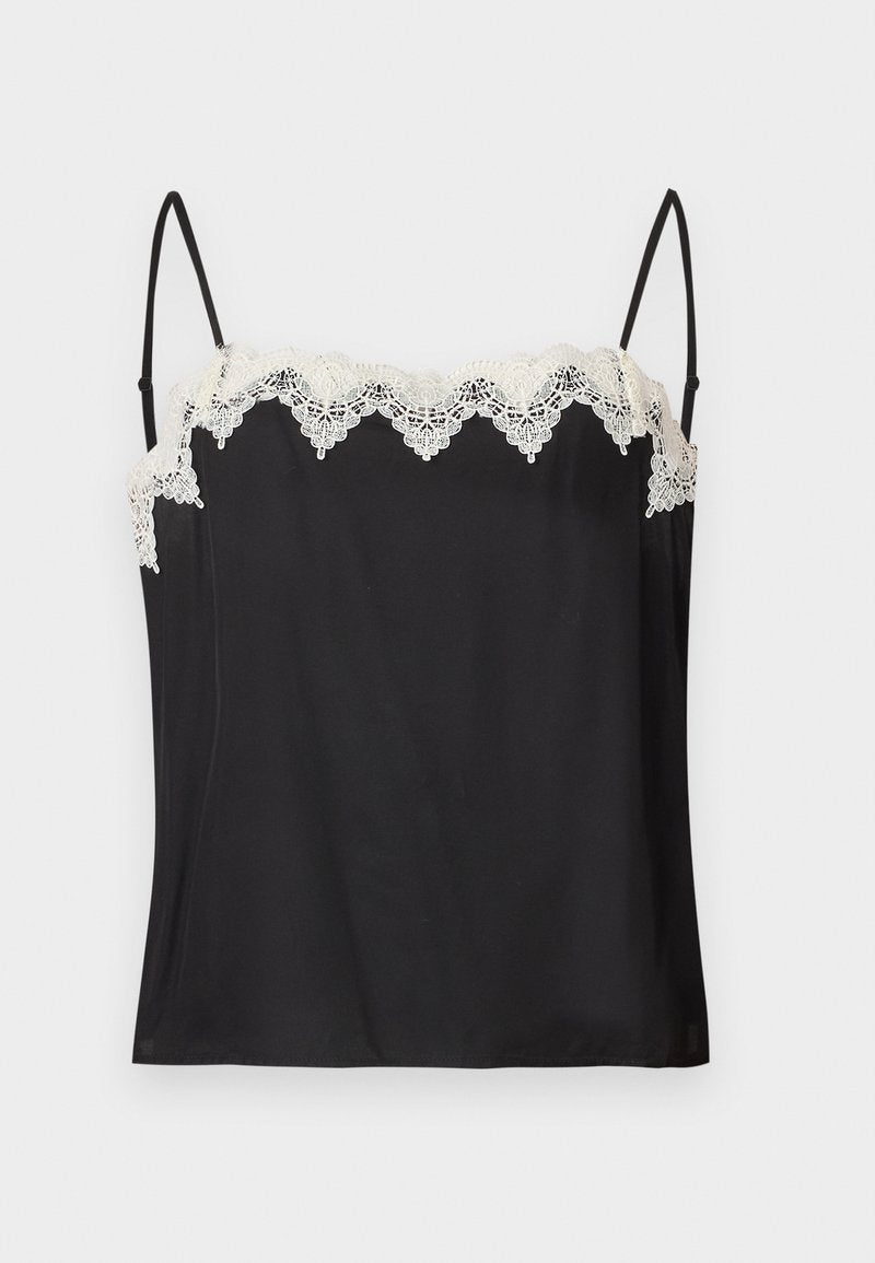 Schwarzes Camisole mit dünnen Trägern, verziert mit weißem, gewelltem Spitzenbesatz entlang des Ausschnitts. Glatter Stoff mit lockerem Schnitt.