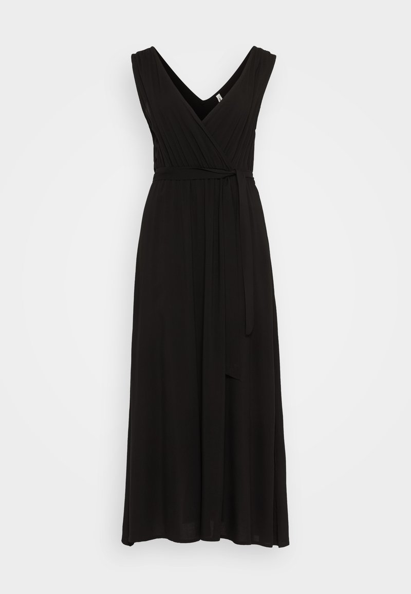 Schwarzes Wickelkleid mit V-Ausschnitt und breiten Schulterträgern, aus weichem Stoff mit gefältelten Details und gebundenem Taillenband. Bodenauslength.