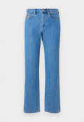 Hellblaue Denim-Jeans mit geradem Schnitt, Fünf-Taschen-Design und Knopfverschluss. Verfügt über subtile Stickdetails.
