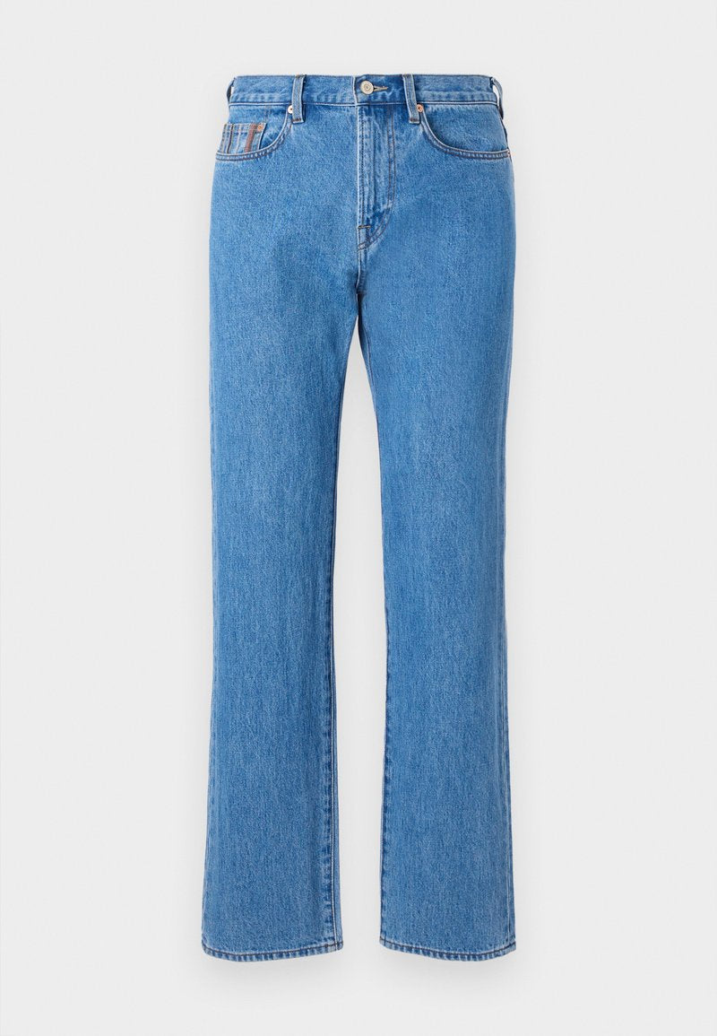 Hellblaue Denim-Jeans mit geradem Schnitt, Fünf-Taschen-Design und Knopfverschluss. Verfügt über subtile Stickdetails.