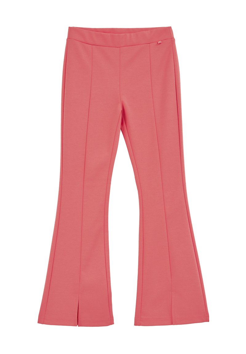 Rosa ausgestellte Hose aus weichem Stoff mit Vorderfalten und Schlitzsäumen. Elastischer Bund für zusätzlichen Komfort. Keine sichtbaren Beschläge.