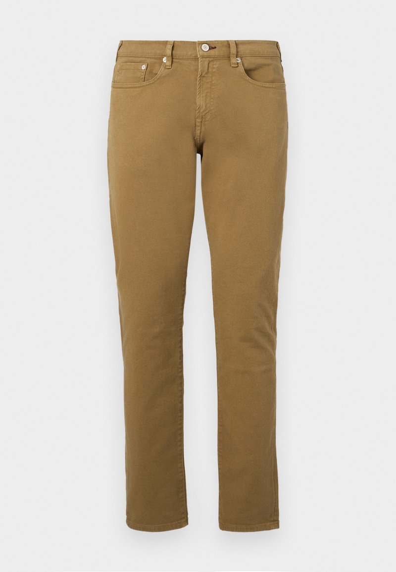 Khaki-Jeans mit geradem Schnitt, aus einem Baumwoll-Mischgewebe, mit klassischem Fünf-Taschen-Stil und Metallknopfverschluss.