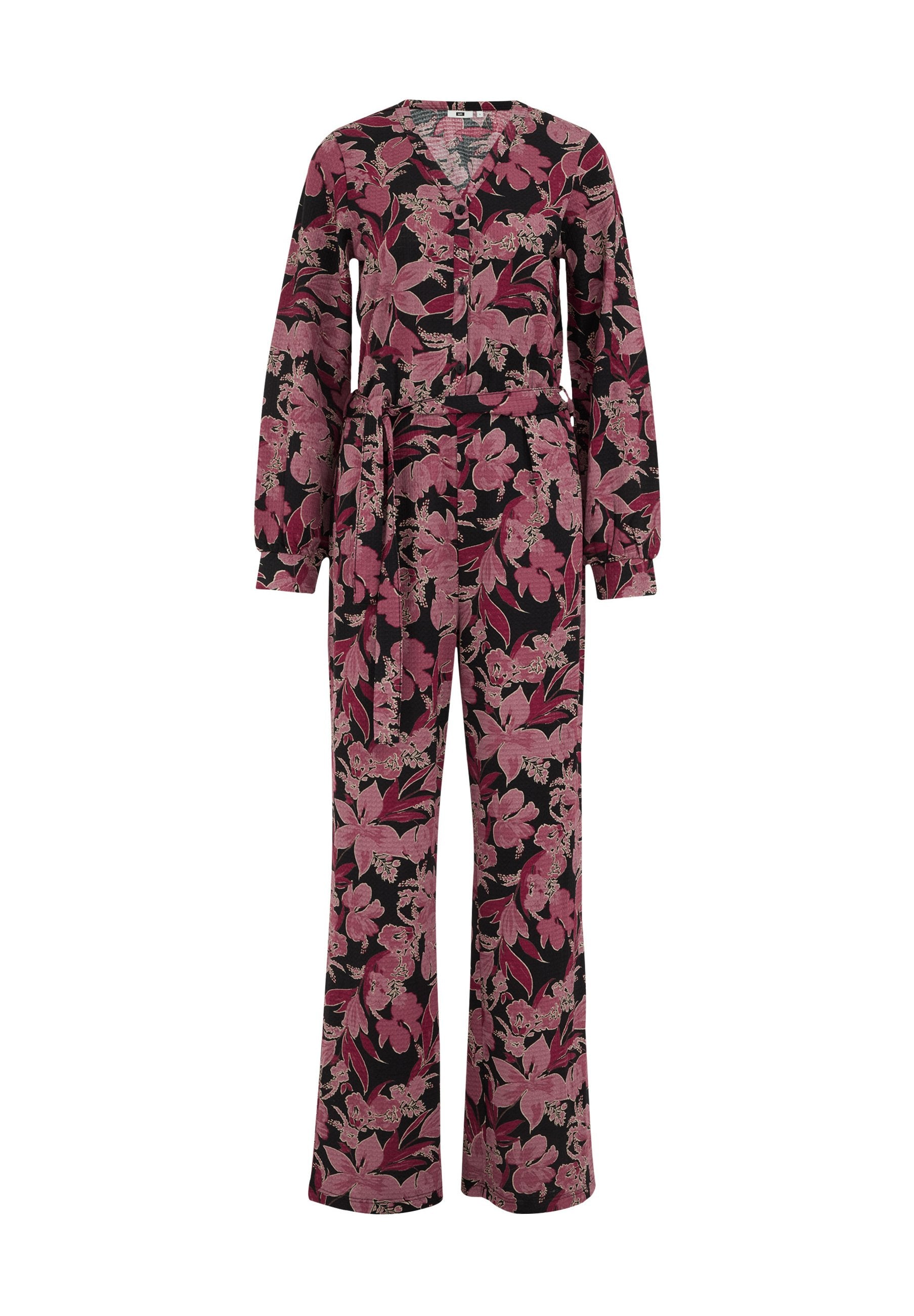 Blumenoverall aus dunklem Stoff mit V-Ausschnitt, langen Ärmeln, elastischem Bund und weitem Bein, verziert mit rosa und roten Blumenmustern.