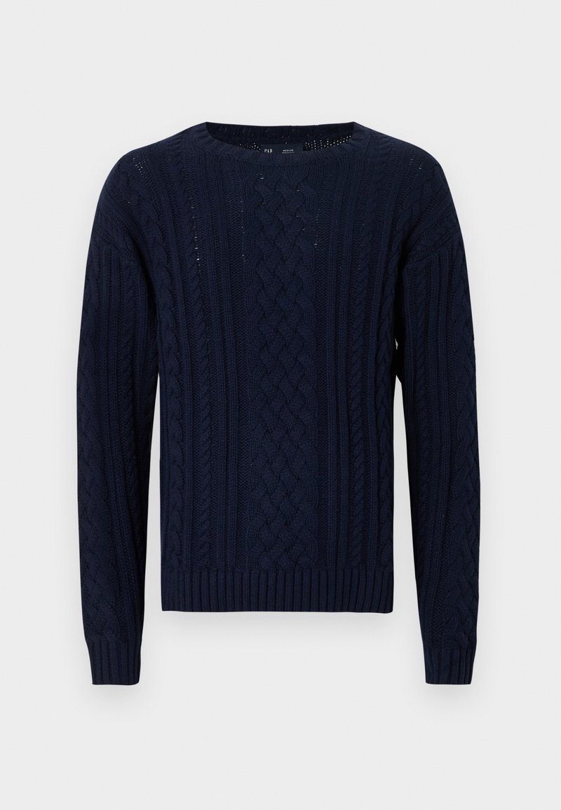 Marineblauer Strickpullover mit rundem Ausschnitt, der ein strukturiertes Zopfmuster, gerippte Kanten und lange Ärmel aufweist.