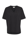 Schwarzes V-Ausschnitt-T-Shirt mit kurzen Ärmeln, lockerer Passform und glatter Textur. Einfaches Design ohne Muster oder Verzierungen.