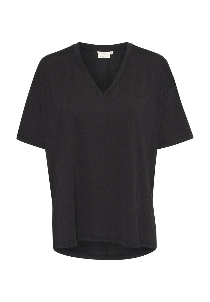 Schwarzes V-Ausschnitt-T-Shirt mit kurzen Ärmeln, lockerer Passform und glatter Textur. Einfaches Design ohne Muster oder Verzierungen.