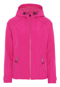 Rosa Softshell-Jacke mit Kapuze, vorderem Reißverschluss, zwei seitlichen Reißverschlusstaschen, verstellbaren Manschetten und glatter Textur. Mit reflektierenden Akzenten.