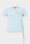 Hellblaues T-Shirt mit kurzen Ärmeln, runder Ausschnitt, seitlichen Bindebändern und einem grafischen Druck mit dem Text "www.diesel.com" in Silber.