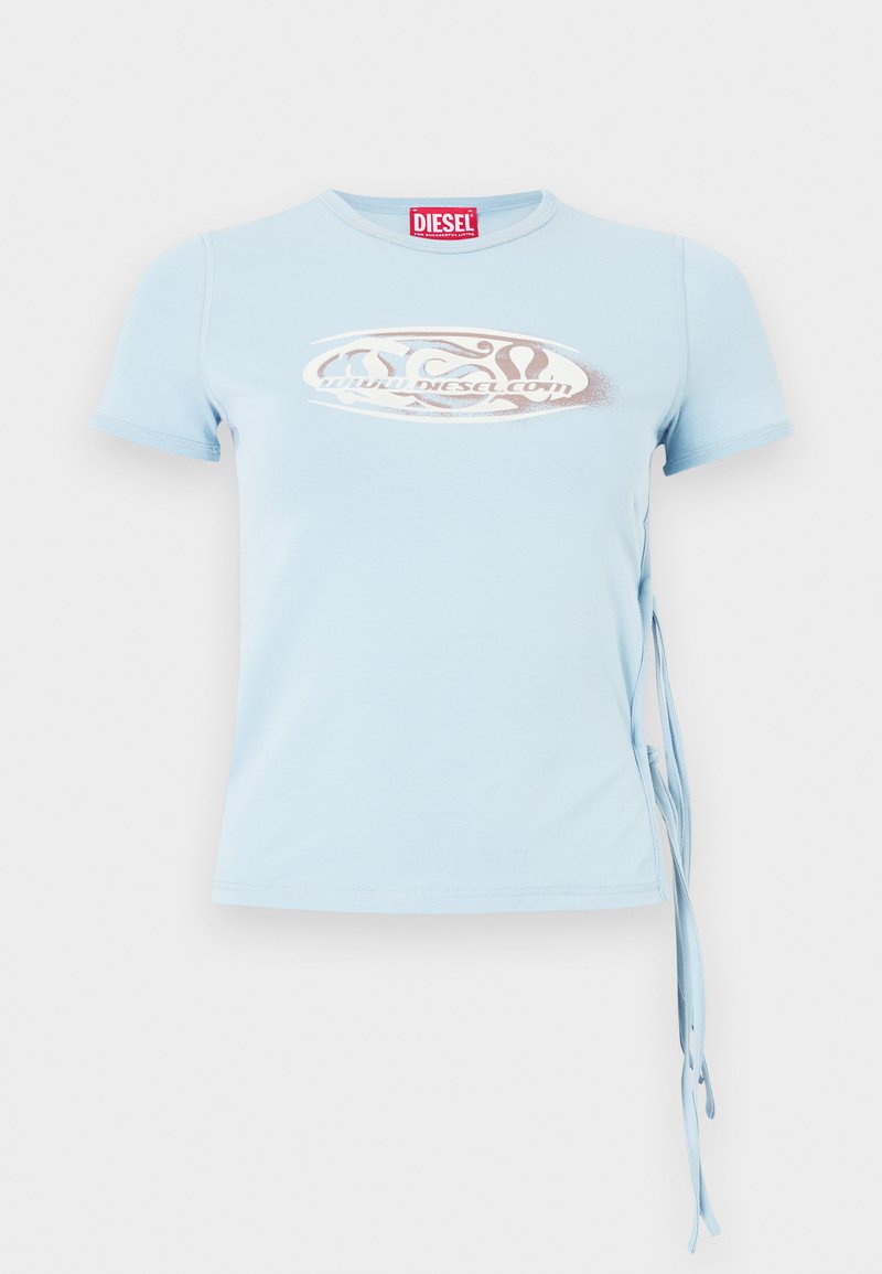 Hellblaues T-Shirt mit kurzen Ärmeln, runder Ausschnitt, seitlichen Bindebändern und einem grafischen Druck mit dem Text "www.diesel.com" in Silber.