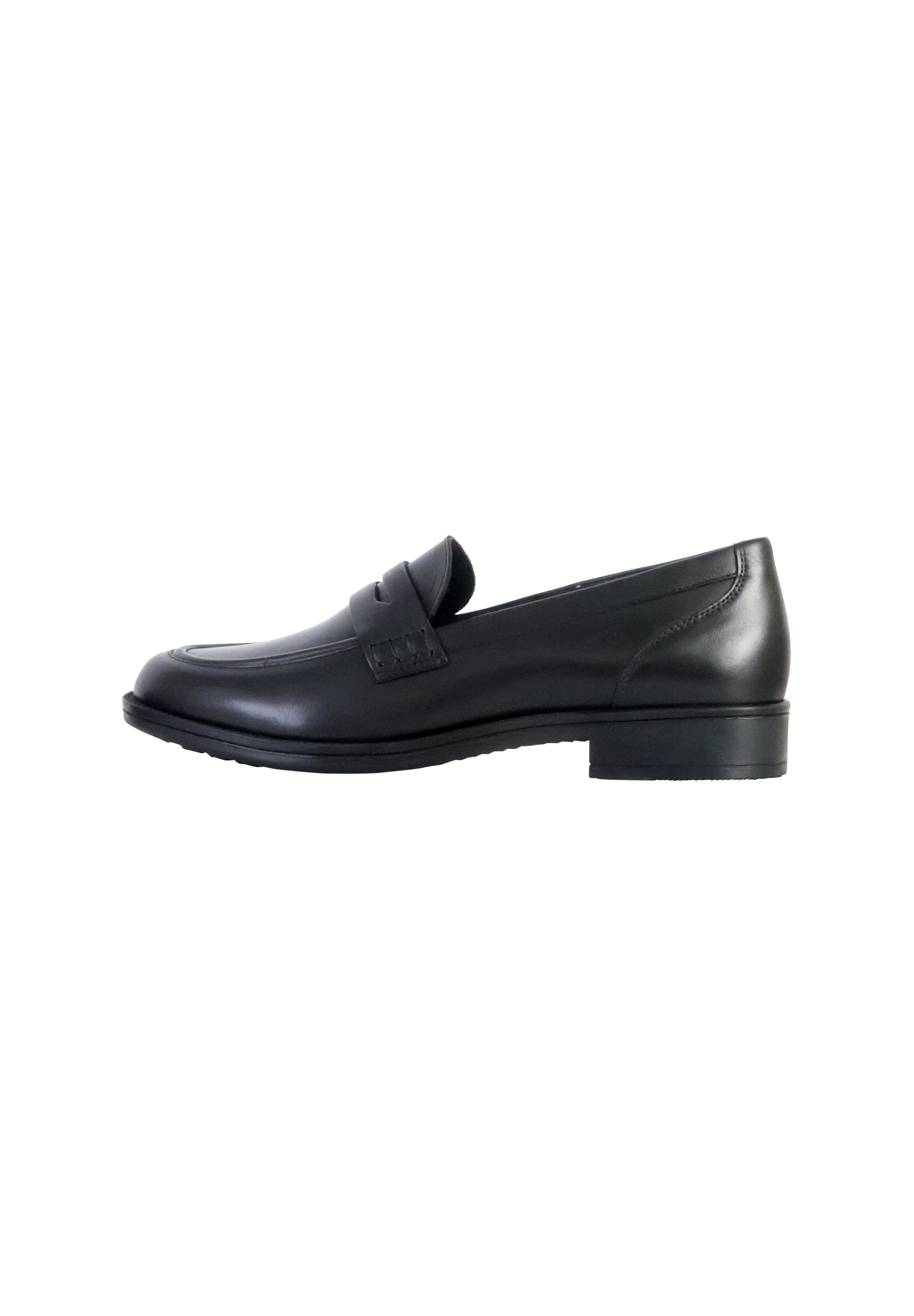 Schwarze Lederloafers mit glatter Oberfläche, runder Zehenpartie und kleinem Blockabsatz sowie dekorativer Naht am Blatt.