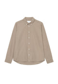 Beige Langarm-Hemd mit Knöpfen und spitzem Kragen, Frontknöpfen und abgerundetem Saum. Texturiertes Gewebe mit dezentem Glanz.