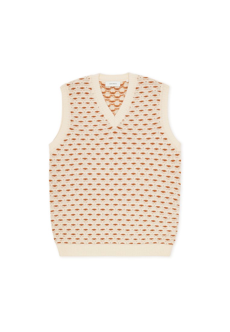 Ärmelloser Pullover in Creme mit V-Ausschnitt, versehen mit einem strukturierten Muster aus ineinander verwobenen Rautendesigns in Orange und Beige.