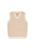 Ärmelloser Pullover in Creme mit V-Ausschnitt, versehen mit einem strukturierten Muster aus ineinander verwobenen Rautendesigns in Orange und Beige.