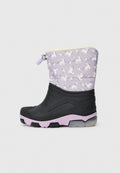 Kinder-Winterstiefel mit einem schwarzen unteren Teil und einem gepolsterten lila Oberteil mit einem Einhornmuster. Abgerundet mit einem weißen Futter aus Fell.